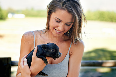 Buy stock photo Woman, pig and happiness for wellness, charity organization and rescue center. Volunteer, smile and female person with piglet for foster care, adoption and animal sanctuary for nonprofit or ngo