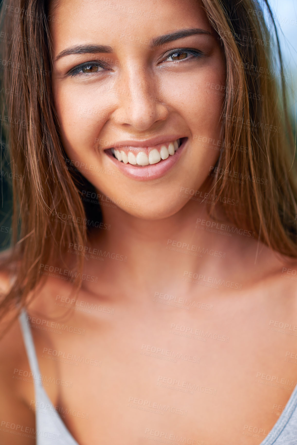 Buy stock photo Woman, happy and beauty in outdoor, portrait and closeup in natural light and skincare for cosmetics. Female person, smile and outside in summer, confidence and wellness for pretty in texas 