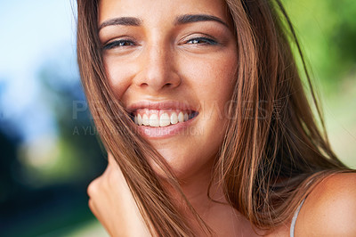 Buy stock photo Woman, smile and beauty in outside, portrait and closeup in natural light and skincare for cosmetics. Female person, happy and outdoor in summer, confidence and wellness for pretty in texas 