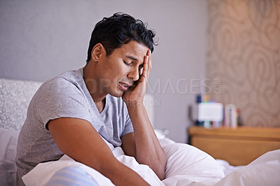 Buy stock photo Man, sad and frustrated in bedroom with problem, disappointment and upset with mental health in morning. Young person, unhappy face and headache on weekend with depression and tired on bed in house