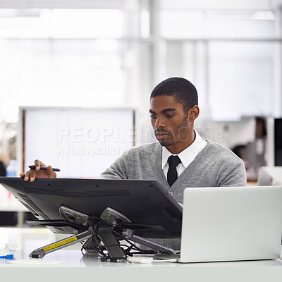 Buy stock photo Professional, man and drawing on monitor in office as architect, planning with research for design. Creative, software and sketch with tablet and laptop for architecture, project and productivity
