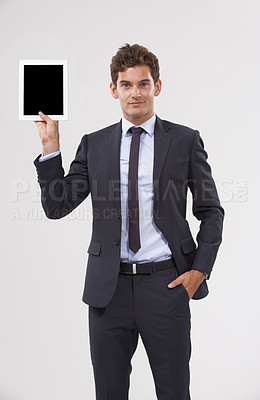 Buy stock photo Businessman, tablet and screen with studio, portrait and entrepreneur for corporate app. Man, tech and suit with employee, worker and technology for future startup and career or professional job