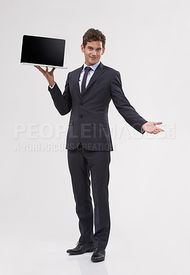Buy stock photo Portrait, screen or man holding laptop, business or entrepreneur on white studio background. Face, person or model with tech, internet or computer with presentation or showing with email notification
