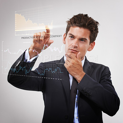 Buy stock photo Businessman, thinking and trading with digital hologram for interaction, profit or cost on a gray studio background. Man, trader or financial broker in wonder on virtual dashboard for company finance