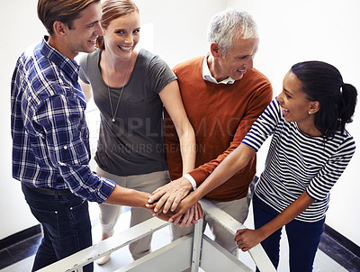 Buy stock photo Portrait, people or hand for diversity, unity or collaboration for trust, motivation and networking. Team, huddle and smile for teamwork, participation and inclusion for employee support in office