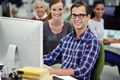 Buy stock photo Portrait, smile and business people with computer, teamwork and planning with brainstorming. Face, staff and group with pc and collaboration with a project and technology with ideas and cooperation