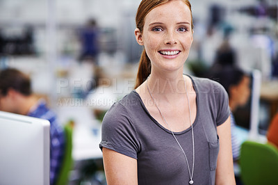 Buy stock photo Graphic designer, office and portrait of woman with smile for pride, confidence and startup company. Creative employee, entrepreneur and face with happiness for job, workplace or small business