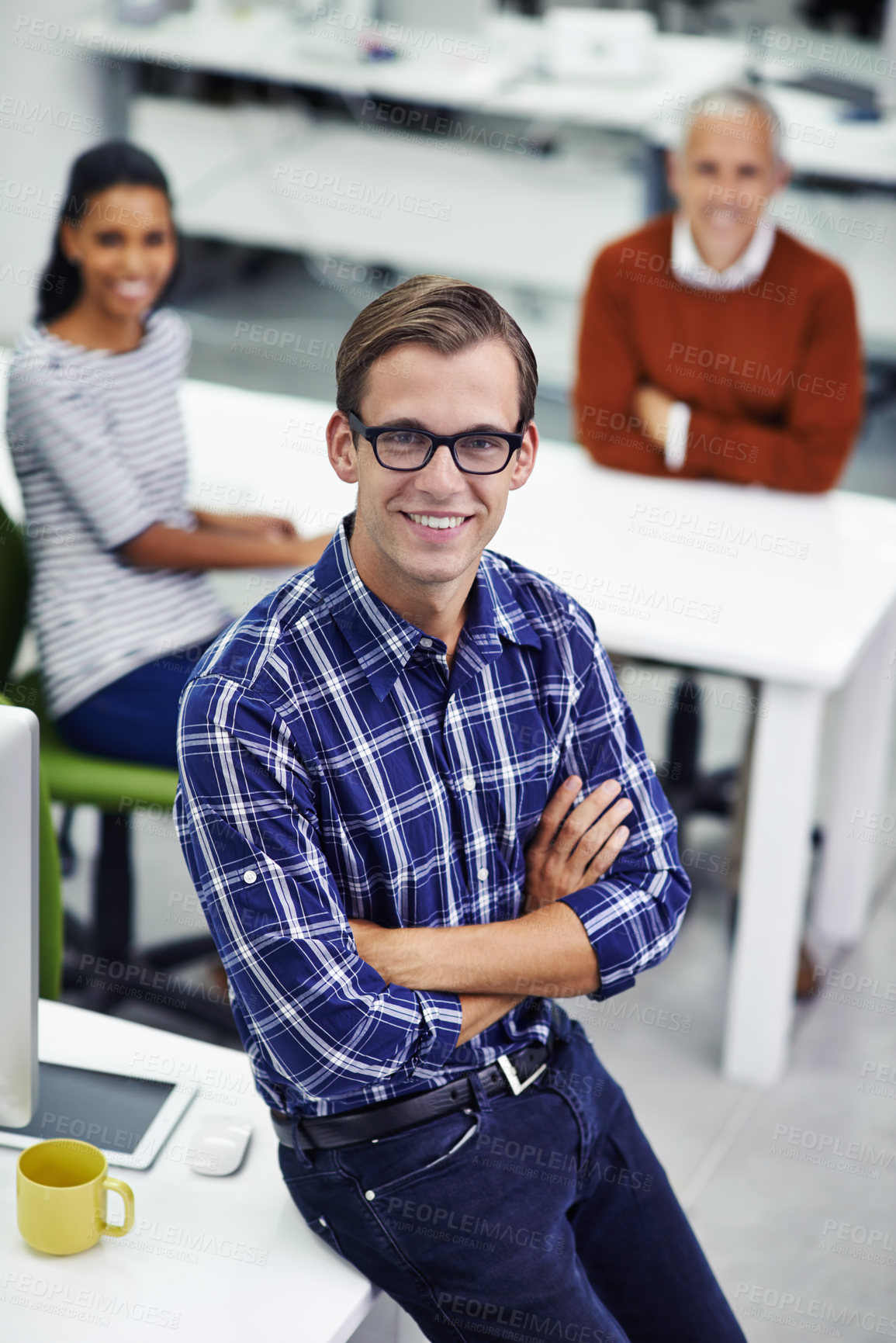 Buy stock photo Portrait, businessman and smiling in office, technology and coworkers for web design. Professional, happy and employee for teamwork collaboration, creative and confident male person in workspace