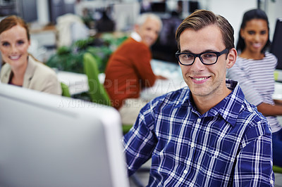 Buy stock photo Portrait, teamwork and business people with computer, planning and brainstorming with cooperation. PR agency, staff and group with pc and collaboration with project and tech with ideas and consultant