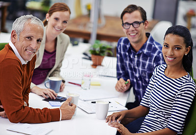 Buy stock photo Diverse group, coworker and happy with teamwork for strategy on planning, project and ideas in office. Leader, collaboration and smile with notebook, paperwork and coffee at work for meeting break. 