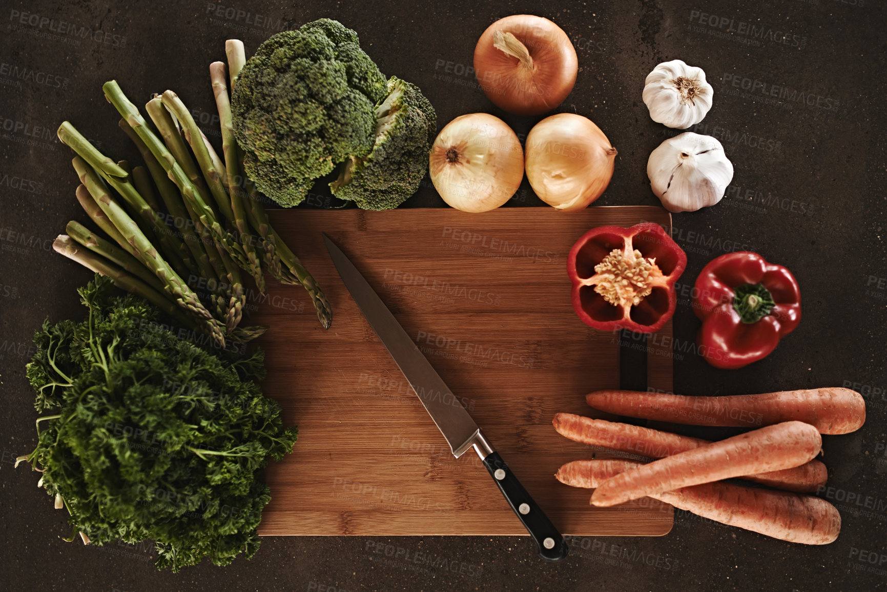 Buy stock photo Vegetables on a chopping board