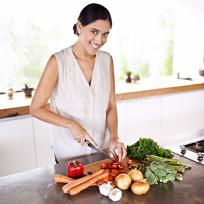 Buy stock photo Cooking, vegetables and portrait of woman at kitchen counter with healthy food for nutrition in diet. Happy, wellness and vegan person meal prep with carrot, onion and broccoli for dinner in home