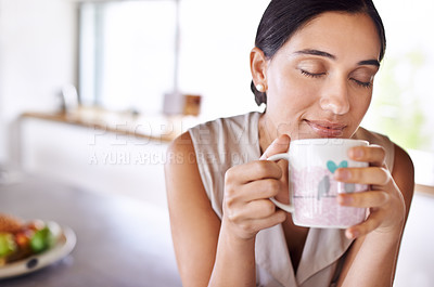 Buy stock photo Woman, relax and smell coffee on kitchen or morning, enjoying and holding mug or cup. Female person, drinking tea or expresso for breakfast or energy at home, eyes closed and smile indoors or house