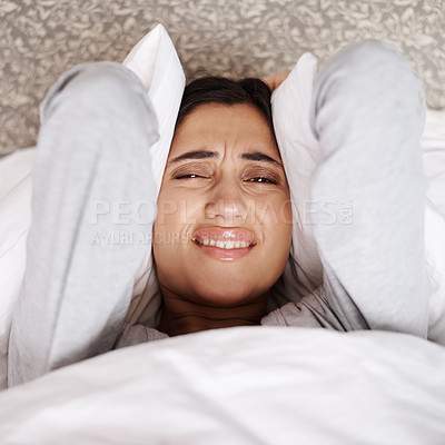 Buy stock photo Sleeping, stress and portrait of woman in bed frustrated by insomnia, nightmare or terror at home from above. Anxiety, headache and face of female person in bedroom with pillow, noise or overthinking