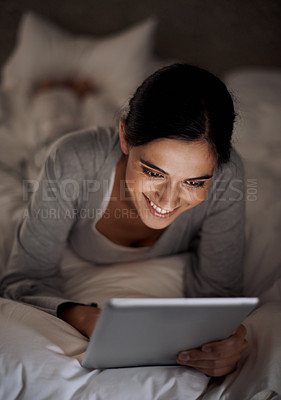 Buy stock photo House, bedroom and woman with smile for tablet on social media, chatting and texting on site of app. Bed, female person and girl with technology for reading ebook to relax and online with internet 