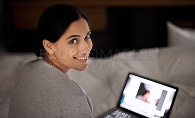 Buy stock photo Portrait, bedroom and woman with smile for laptop online for movies on site to download on app. Night, female person and girl watching videos with technology, connection and internet in home