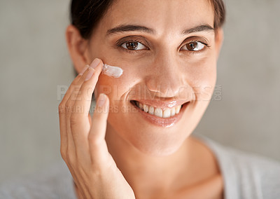 Buy stock photo Woman, portrait and skincare cream in morning with smile, face or pride for choice with cosmetics product. Girl, person and happy in house for facial skin with beauty, results and wellness benefit