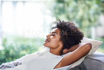 Buy stock photo Relax, smile and black woman on sofa sleeping, afternoon nap and rest in calm apartment on weekend. Sleep, daydream ideas and girl on couch relaxing, self care and stress free chill time in lounge.