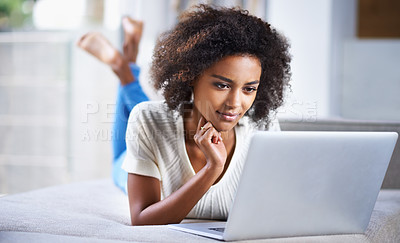Buy stock photo Thinking, connection and woman with a laptop, online reading and ideas with social media at home. Female person, lady and model with technology, thoughts and search website with wonder and email