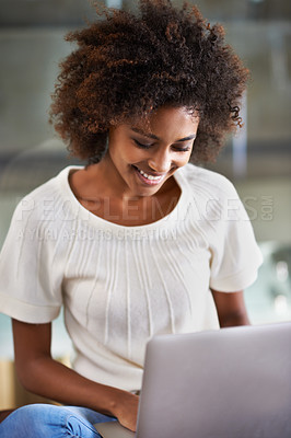 Buy stock photo Laptop, smile and adult education with black woman in living room of home for education, learning or study. Computer, video and virtual class with happy young student in apartment for research