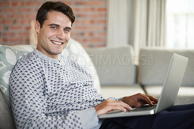 Buy stock photo Relax, portrait or businessman on laptop for remote work, article post or networking on couch. Download, smile or happy person on sofa typing online on technology for update, email or news in home