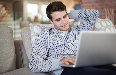 Buy stock photo Relax, research or businessman on laptop for remote work, article post or networking on couch. Download, smile or happy person on sofa typing online on technology for update, email or news in home