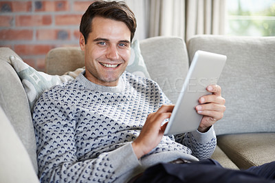 Buy stock photo Relax, research or portrait of happy man on tablet for social media blog, post or networking on sofa. Streaming, movie or person online for planning or technology for article, email or news in home