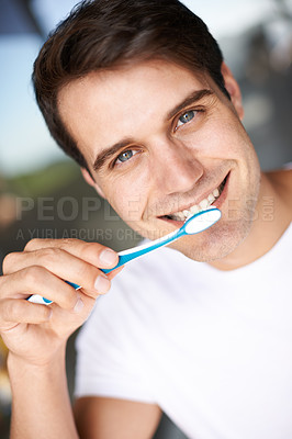 Buy stock photo Brushing teeth, man portrait and cleaning closeup for oral hygiene and health. Smile, dental and toothbrush with a male person face with happiness in the morning at a house with self care and routine