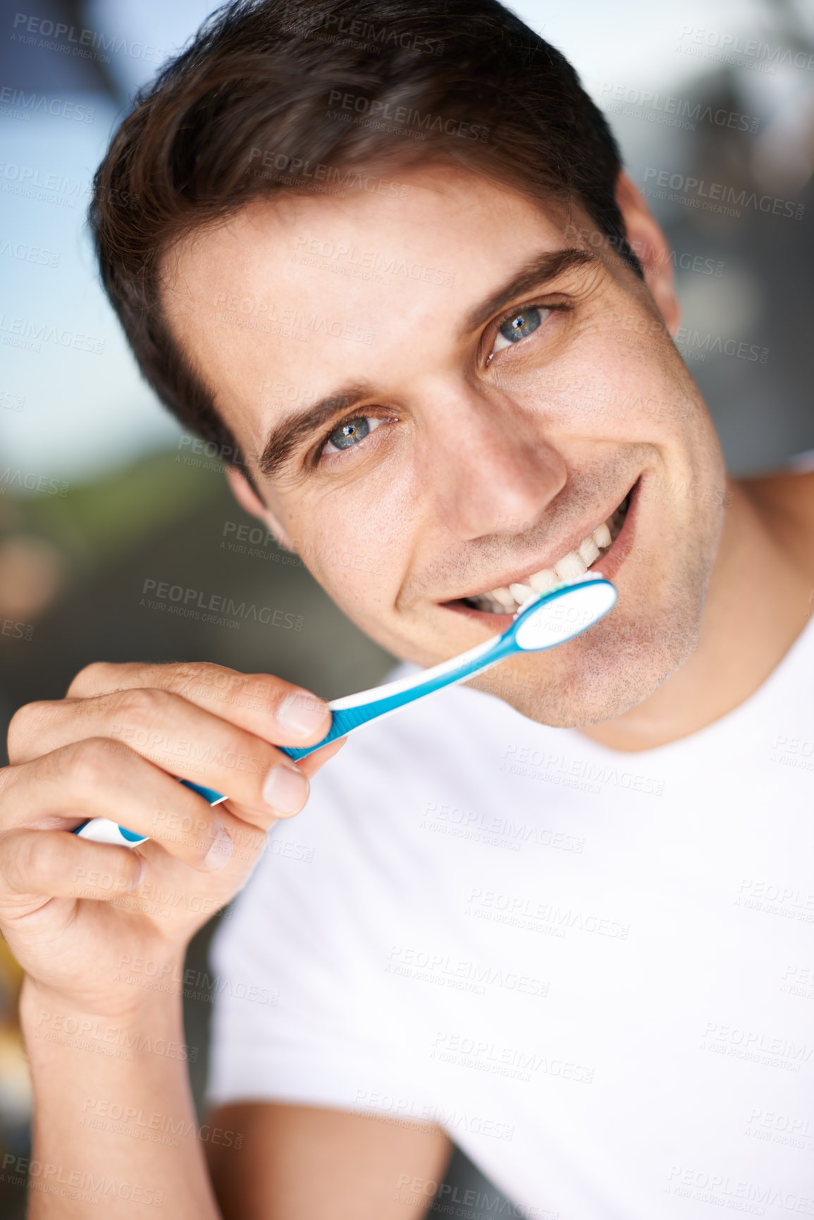 Buy stock photo Brushing teeth, man portrait and cleaning closeup for oral hygiene and health. Smile, dental and toothbrush with a male person face with happiness in the morning at a house with self care and routine