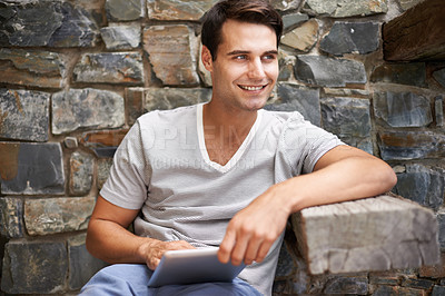 Buy stock photo Tablet, thinking and happy man at restaurant outdoor with web, menu or checking food, order or options. Digital, app and male person at cafe with customer experience survey, review or online feedback