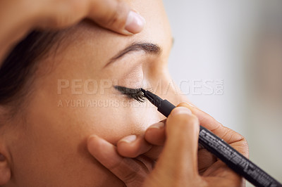Buy stock photo Woman, makeup and eyeliner with mascara pencil for beauty, cosmetics or art at salon or spa. Closeup of female person or stylist applying shadow, contour or color for facial eye treatment or glamour