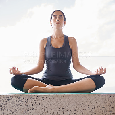 Buy stock photo Woman, relax and lotus outdoor with yoga for zen, exercise and balance on mat with sky or concentration. Meditation, person or namaste in nature with sportswear for spiritual wellbeing or mindfulness