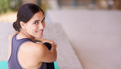 Buy stock photo Happy woman, portrait and yoga with mockup space for workout, exercise or fitness at home. Face of female person or yogi with smile in relax for break, rest or balance in health and wellness at house