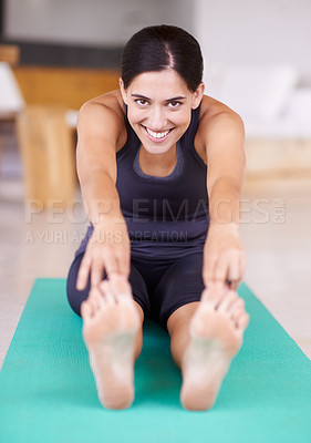 Buy stock photo Happy woman, portrait and stretching with yoga mat for pilates, workout or exercise in fitness at home. Face of female person or yogi with smile in warm up, training or balance for health or wellness