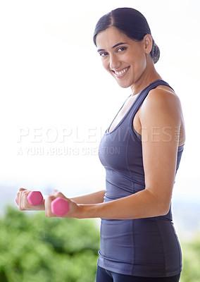 Buy stock photo Woman, portrait and dumbbell with lifting weights for fitness in nature with smile, wellness or healthy body. Athlete, person or training equipment for exercise, workout or physical activity for arms