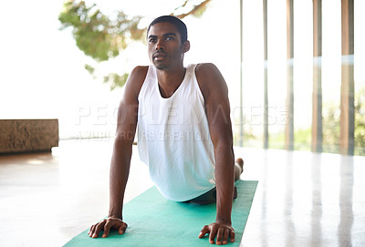 Buy stock photo Fitness, home and black man do yoga in morning for wellness, flexibility and balance for healthy body. Training, pilates and person on sports mat for stretching, workout and exercise in living room