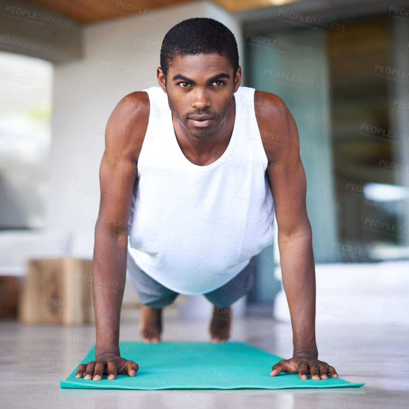 Buy stock photo Fitness, yoga and portrait of black man in home for wellness, flexibility and balance for healthy body. Training, pilates and person on sports mat for stretching, workout and exercise in living room