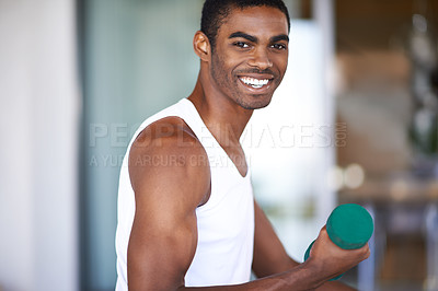 Buy stock photo Black man, portrait and smile with dumbbell for exercise, bodybuilding and performance. African person, training and equipment with lifting weights for healthy body, bicep strength and wellness