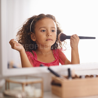 Buy stock photo Child, girl and makeup with brush on mirror for role play for creativity and artistic. Kid, female person and bedroom with playing for development, growth and cute for childhood memories and fun. 