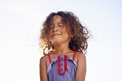 Buy stock photo Child, girl and water with face, costume and blue summer sky for relax and smile. Kid, youth and sunshine with happiness, outdoor and play with curly hair and fun for sunny positivity and childhood