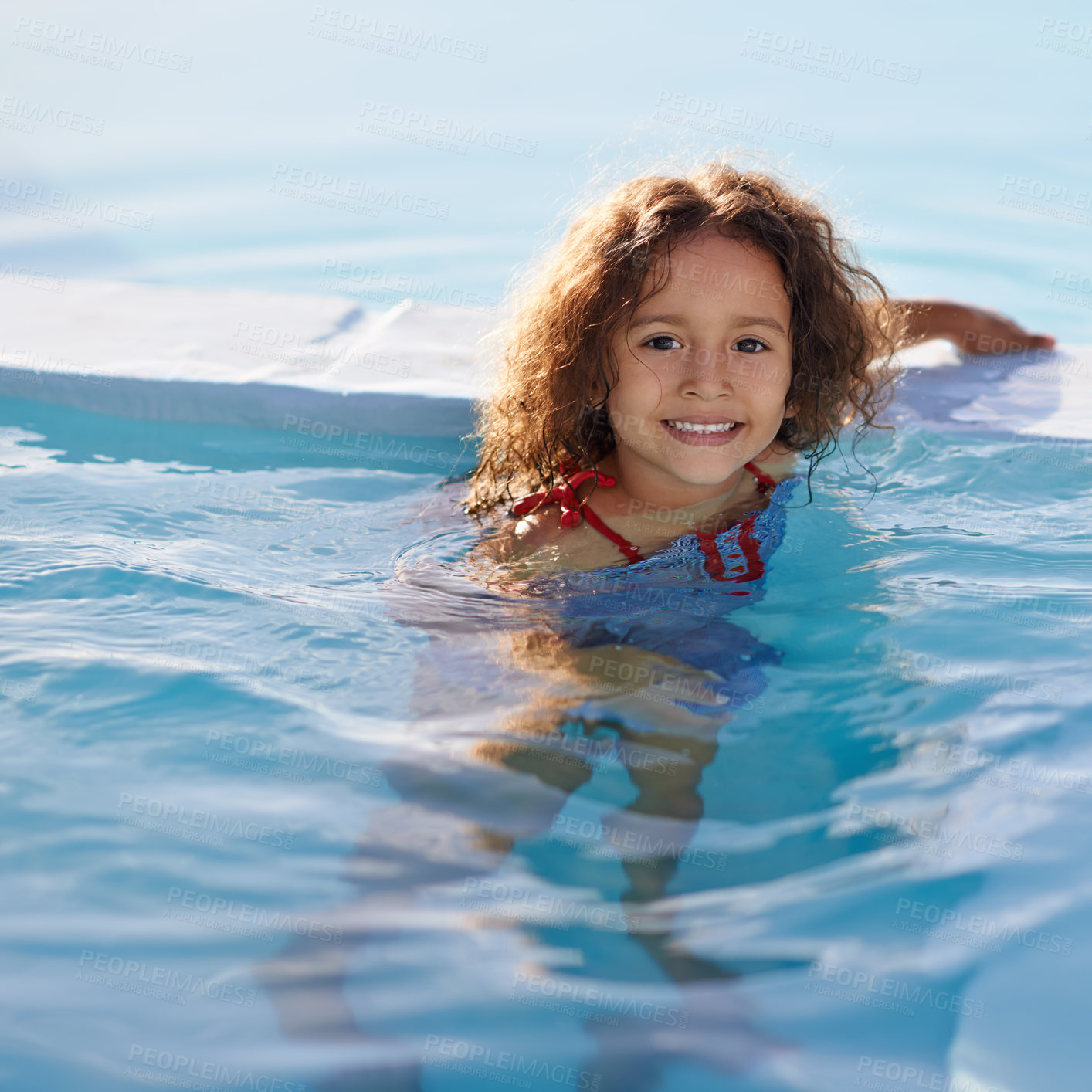 Buy stock photo Child, girl and swimming with face, swimwear and blue summer sky for relax or smile. Kid, youth and sunshine with happiness, outdoor and play with curly hair and fun for sunny positivity or childhood