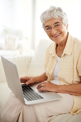 Buy stock photo Senior woman, portrait and laptop for blog in home, smile and happy with website on internet. Elderly person, living room and relax on weekend, app and online for streaming series or communication