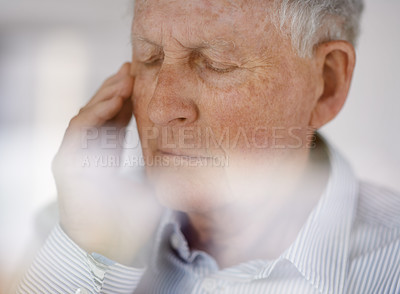 Buy stock photo Old man, pain and headache migraine in retirement with burnout fatigue for stressed pressure, worry or mental health. Elderly, tired person and hand for temple with anxiety, frustrated or unhappy