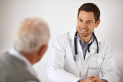 Buy stock photo Elderly, man and doctor consultation or healthcare discussion in retirement or life insurance, hospital or cardiology. Male person, back and advice or diagnosis good news, rehabilitation or treatment