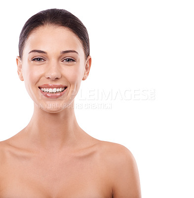 Buy stock photo Face, happy with natural beauty and woman in headshot, skincare and cosmetics with clean makeup on white background. Portrait, facial and dermatology for wellness, smooth skin and healthy glow