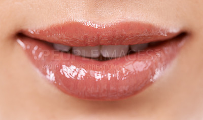Buy stock photo Closeup, lips and shine with woman for beauty, makeup with gloss or oil for hydration and wellness. Lip care, cosmetics and glow with treatment, moisturizing for mouth and dermatology for skin