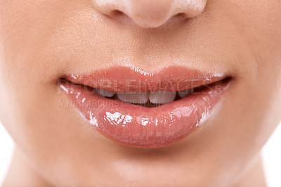 Buy stock photo Closeup, mouth and shine with woman for beauty, makeup with gloss or oil for hydration and wellness. Lip care, cosmetics and teeth for dental health, treatment and moisturizing lips for dermatology