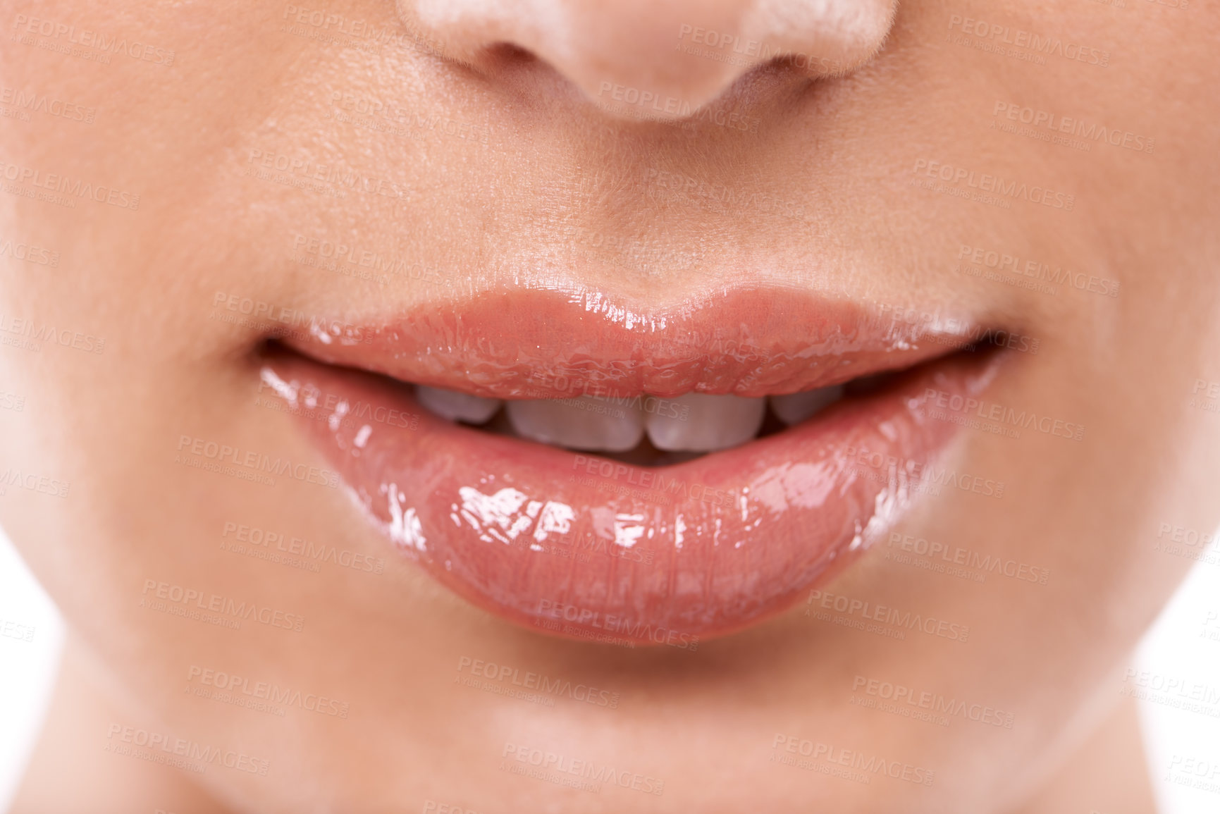 Buy stock photo Closeup, mouth and shine with woman for beauty, makeup with gloss or oil for hydration and wellness. Lip care, cosmetics and teeth for dental health, treatment and moisturizing lips for dermatology