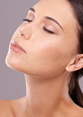 Buy stock photo Closeup, Woman, glow and makeup for beauty, microblading or cosmetology in spa, facial or treatment. Female person, lip gloss or flawless skin for dermatology or skincare in studio on grey background