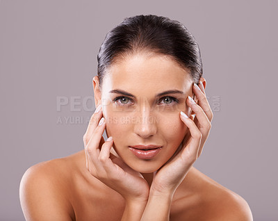 Buy stock photo Portrait, shine and woman with beauty, cosmetics and dermatology on grey studio background. Face, person and model with glow or skincare with wellness or healthy skin with facial, luxury or aesthetic